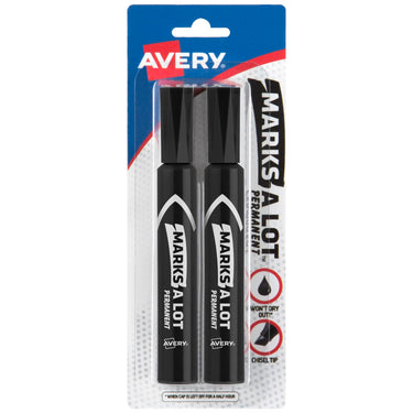 Avery Marks-A-Lot Permanent Markers, Regular Desk-Style Size, Chisel Tip, Water and Wear Resistant, 2 Black Markers (07888)